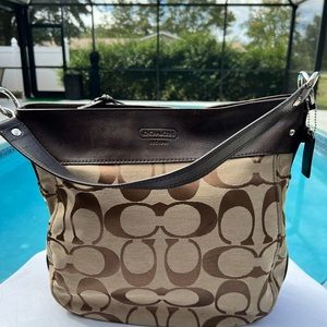 COACH Brown Leather and Signature Fabric Hobo. Good Used Condition.